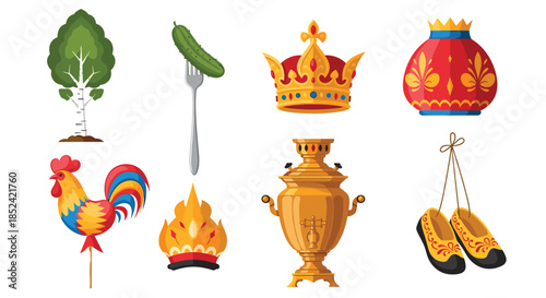 Collection of traditional Russian cultural symbols including a samovar a crown a rooster lollipop and decorative bast shoes.