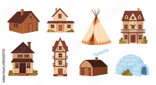 Set of various types of houses and dwellings including a log cabin an igloo a teepee and multi-story homes from different cultures.