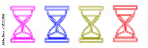 Colorful set of glowing neon hourglass icons representing time, deadline, wait, progress, and countdown, ideal for digital interfaces and modern design projects.