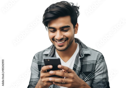 Young man smiling while using his smartphone, isolated on transparent background