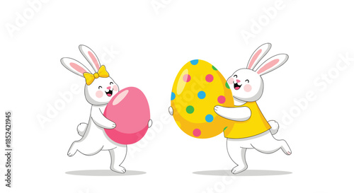 Two cheerful cartoon Easter bunnies happily carrying large decorated pink and yellow Easter eggs on a clean white background.