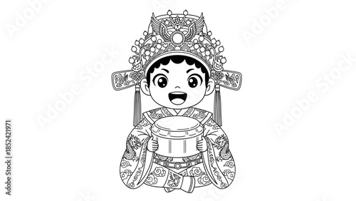 Chibi Chinese Opera Performer with Drum: A Detailed Black and White Illustration suitable for