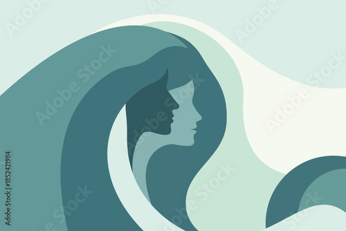 Abstract female faces profile in teal flowing hair, modern minimal flat vector illustration symbolizing woman beauty, inner child, self love, mental health and feminine empowerment.