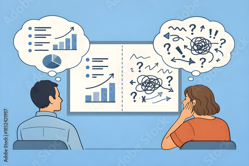 Business decision making illustration showing contrast between clarity (data analysis) and confusion (tangled problems) in two different thought processes.