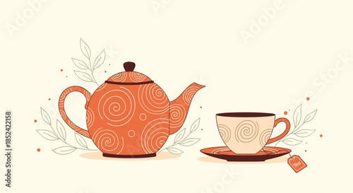 Cozy illustration of a decorative orange teapot and a matching teacup with a tea bag on a saucer against a light background.