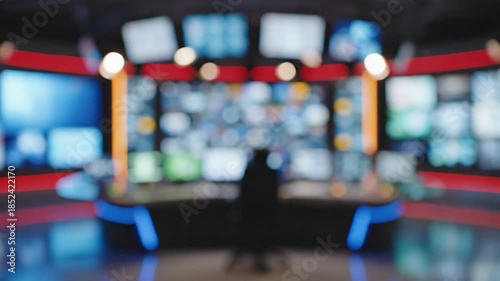 Wallpaper Mural Blurry view of a brightly lit media control room with screens Torontodigital.ca