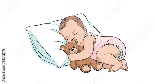 Adorable newborn baby with a pacifier sleeping peacefully on a pillow while hugging a small brown teddy bear toy tightly.