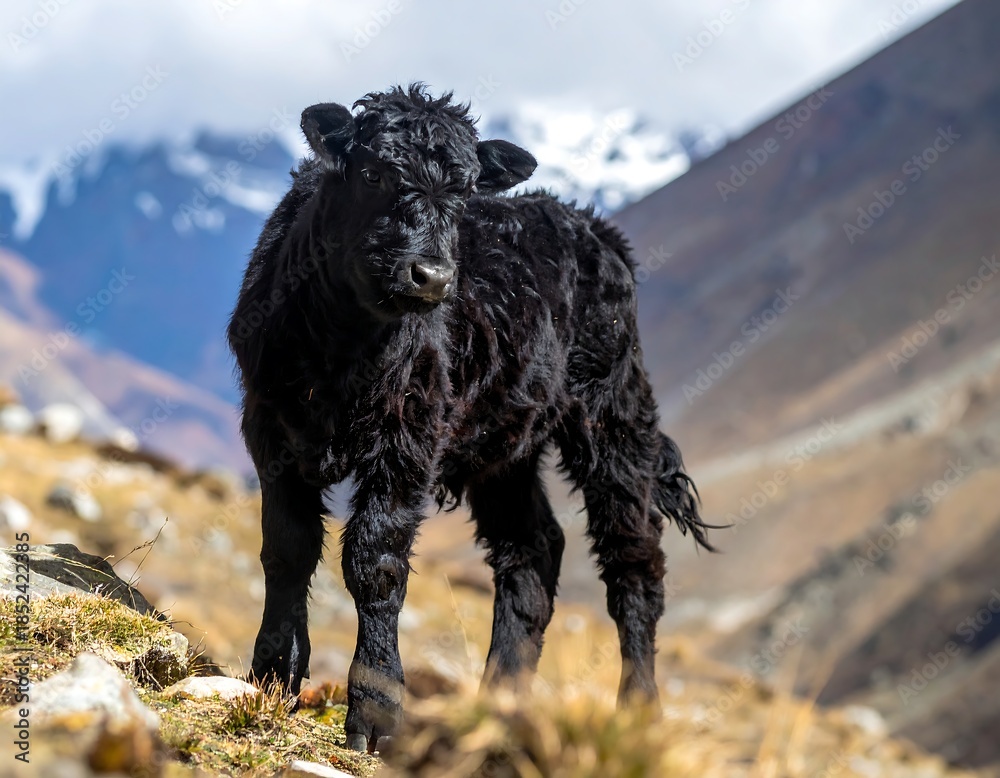 Fototapeta premium A fluffy, black calf stands alertly in a rocky, mountainous landscape