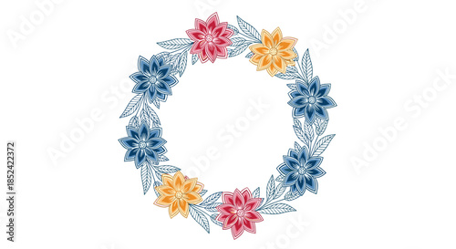Beautiful circular wreath made of colorful hand-drawn flowers and leaves in a sketchy artistic style for invitations or decor.