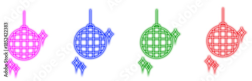 Set of colorful neon disco ball icons with shining sparkle details, perfect for retro party events, music posters, club designs, and celebration themes