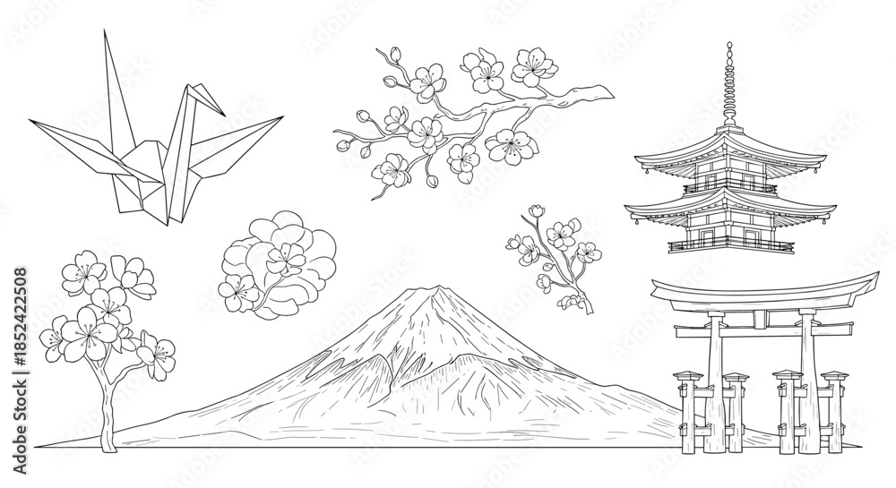 Fototapeta premium Set of classic Japanese cultural symbols in a black and white line art style including Mount Fuji a pagoda and cherry blossoms.