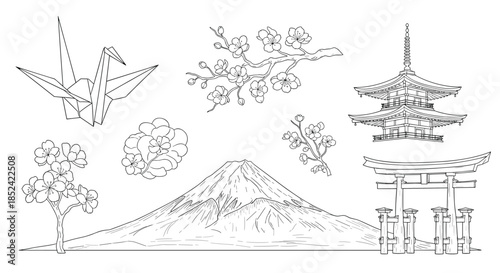 Set of classic Japanese cultural symbols in a black and white line art style including Mount Fuji a pagoda and cherry blossoms.