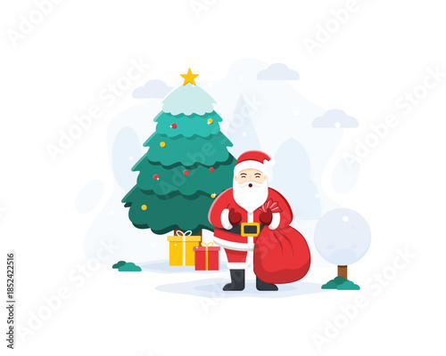 Santa Claus in his red clothes and bag smiling near a cool and shiny Christmas tree, Santa Claus comes with gifts for all of us