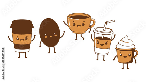 A group of cheerful, anthropomorphic coffee cups and a coffee bean smiling and waving