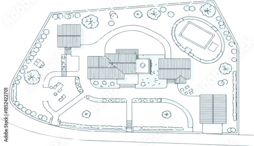 Black and white vector architectural site plan drawing of house, garden, pool, and driveway layout.