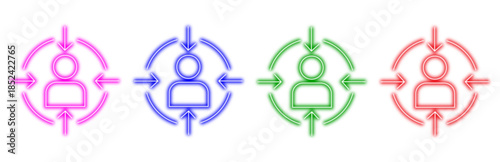Set of neon user target icons, glowing outline symbols representing audience focus, customer selection, profile engagement, and marketing strategies for modern digital concepts.