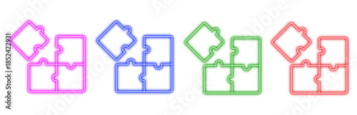 a set of four neon colored puzzle icons representing connection teamwork solution idea and strategy in vibrant magenta blue green and red