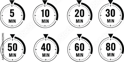 Diverse set of minimal timer icons showcasing different time intervals in minutes displayed on transparent background