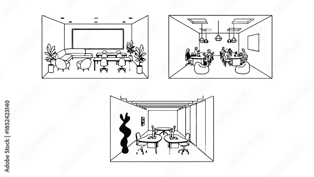 Fototapeta premium Modern office meeting rooms showcasing diverse workspace designs and setups for collaboration.