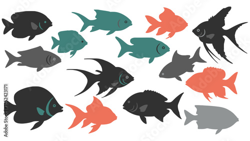 A colorful school of diverse fish swimming together in a vibrant underwater scene