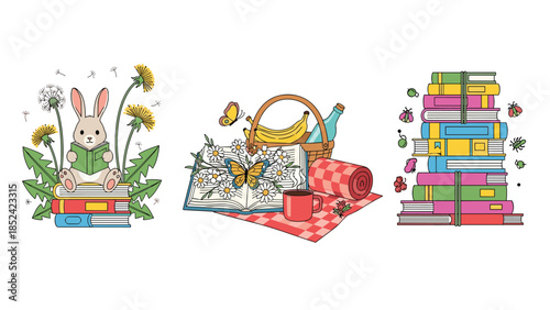 A set of charming illustrations about reading and picnics, featuring a bunny on books, a picnic basket, and a colorful stack.