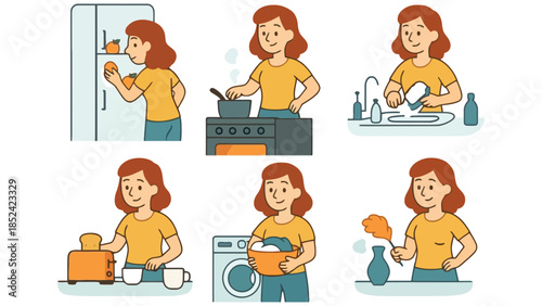Woman performing various daily household chores and kitchen tasks with a smile