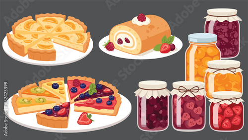 A delicious assortment of homemade desserts including fruit tarts, a swiss roll, and various jars of fruit jam and preserves.