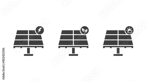 Clean energy solar panels with icons representing electricity, nature, and sun power.