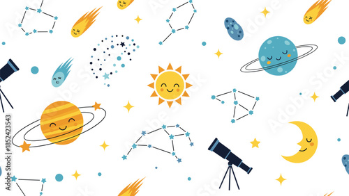 A seamless background pattern of cute, smiling space objects like planets, sun, moon, and stars for a children's design.