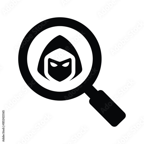 Magnifying glass investigating masked criminal