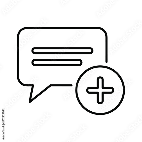 Simple black line icon of a speech bubble with a plus sign indicating addition or creation of a message