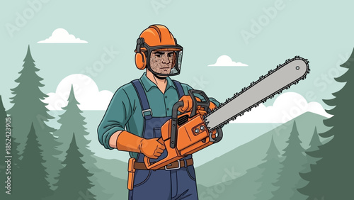 Cartoon illustration of a lumberjack holding a chainsaw in a forest setting showing safety gear