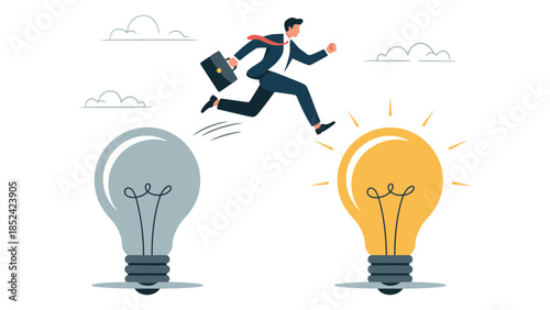Businessman leaps from a dull idea to a bright, illuminated one, symbolizing innovation and progress.