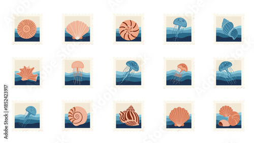 A collection of postage stamps featuring various seashells and jellyfish against a blue ocean wave background for collectors.