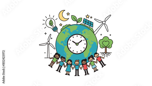 Diverse group of people holding hands around a clock face on a globe, surrounded by renewable energy symbols, representing global environmental awareness and sustainability.