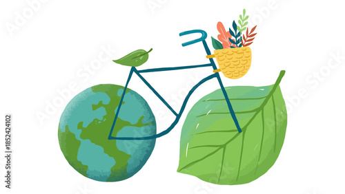 Eco-friendly bicycle with globe wheel and leaves symbolizes sustainable travel and nature.