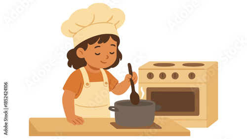 Young child happily learning to cook in a kitchen with a stove and pot