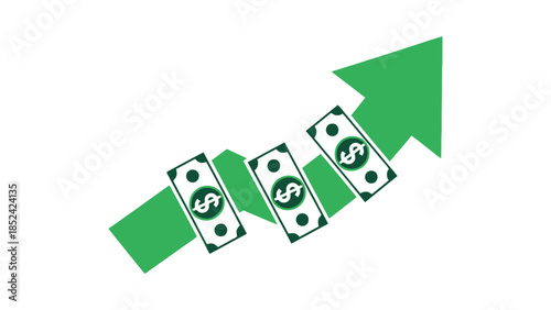 Green arrow showing upward trend with dollar bills, symbolizing financial growth and profit.