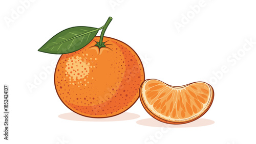A fresh whole tangerine with a green leaf and a single peeled segment, illustrated in a colorful, detailed drawing style.