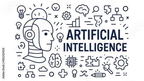 Modern AI illustration with robotic head and interconnected technology icons.