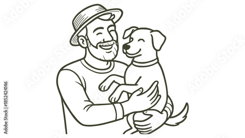 Joyful man in hat embraces happy dog, celebrating companionship and friendship