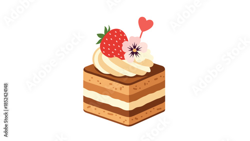 An elegant square piece of layer cake decorated with cream, a fresh strawberry, a flower, and a tiny heart topper.