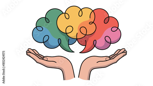 Hands gently cradle colorful thoughts and ideas forming a creative mind