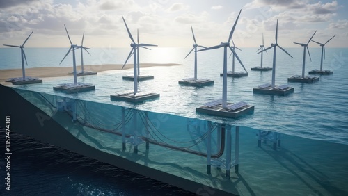 Futuristic offshore wind farm with underwater infrastructure for renewable energy transmission