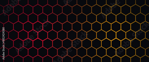 Dark hexagon abstract technology background with blue and pink colored bright flashes under hexagon. Hexagonal gaming vector abstract tech background.