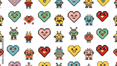 A repeating seamless pattern of colorful pixel art robots and hearts, creating a fun, retro 8-bit video game background.