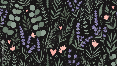A beautiful seamless floral pattern with lavender, eucalyptus, and other wildflowers on a dark background for a romantic design.
