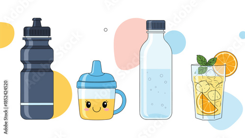 A set of four different drink containers, including a sports bottle, a kawaii sippy cup, a water bottle, and iced tea.