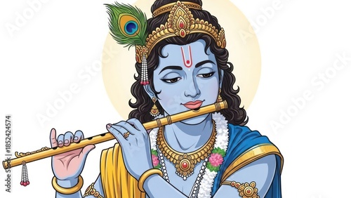 Vibrant depiction of Krishna playing the flute with majestic crown and peacock feather