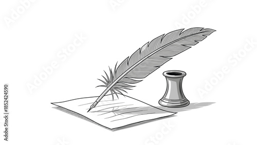 A vintage-style black and white engraving of a quill pen writing on a sheet of paper next to an inkwell container.